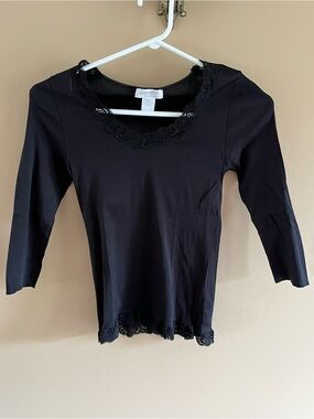 Zimmerli Black Lace-Trim Scoop Neck Long Sleeve Top